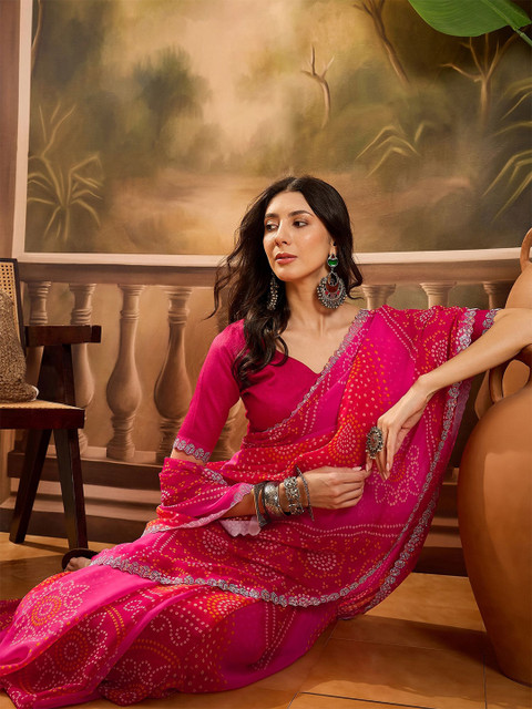 Sangria Printed Beads and Stones Bandhani Saree