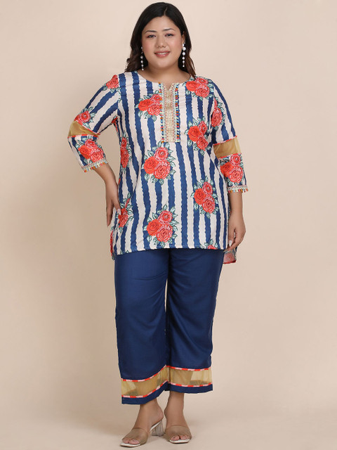 Bani Women Plus Size Floral Printed Round Neck Casual Tunic With Trouser Co-Ords