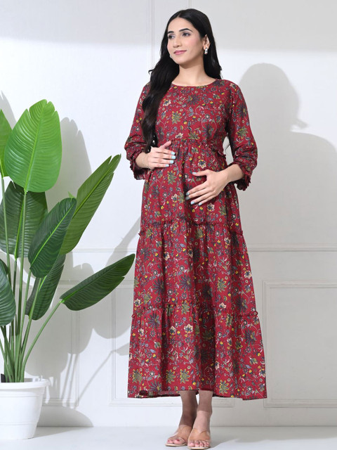 SILAKIVA Ethnic Motifs Print Maternity Fit & Flare Midi Dress