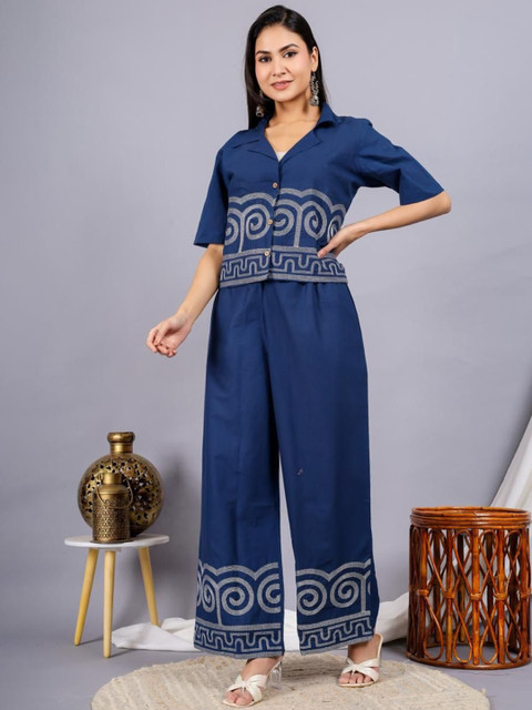 JALTHER Embroidered Pure Cotton Shirt Collar Neck Top & Palazzo Co-Ords