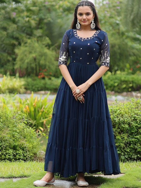 FoxDX Embroidered Fit & Flare Maxi Stitched Anarkali Ethnic Dress