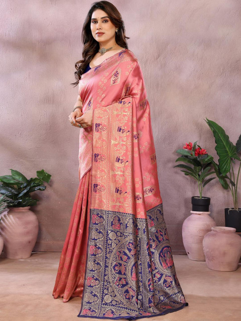 vj fashion Peach Ethnic Motifs Woven Design Banarasi Sarees - Image 2