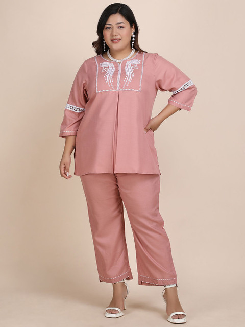 Bani Women Embroidered Plus Size Round Neck Casual Tunic With Trouser Co-Ords