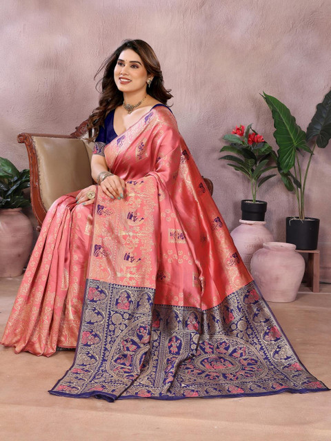 vj fashion Peach Ethnic Motifs Woven Design Banarasi Sarees - Image 4