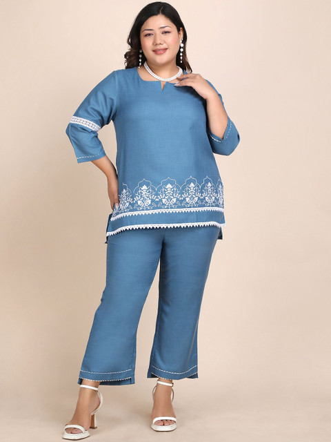 Bani Women Embroidered Plus Size Round Neck Casual Tunic With Trouser Co-Ords