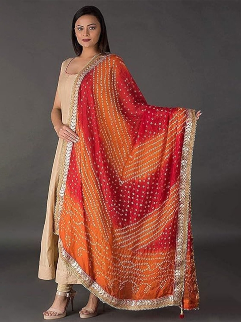 PK HUB Printed Art Silk Tie and Dye Dupatta with Beads and Stones