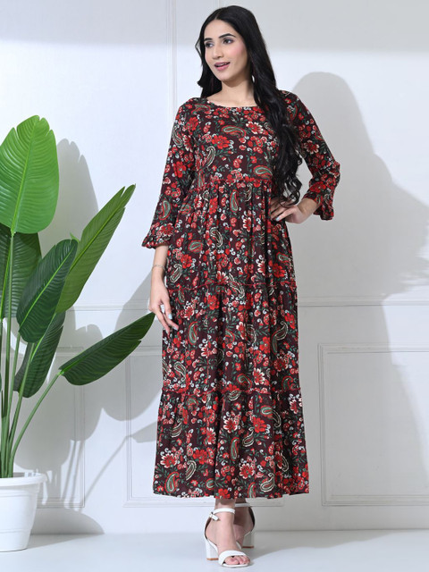 SILAKIVA Floral Printed Flared Sleeves Cotton A-Line Dress