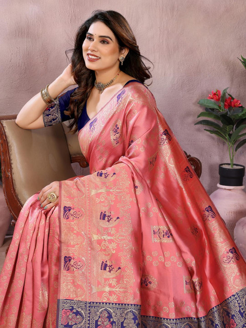 vj fashion Peach Ethnic Motifs Woven Design Banarasi Sarees