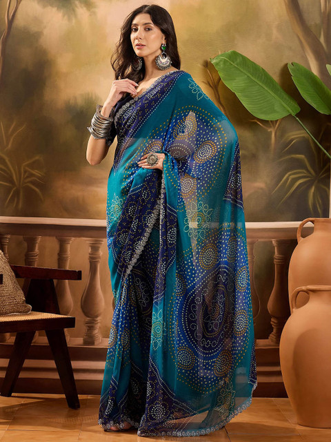 Sangria Bandhani Printed Saree With Unstitched Blouse - Image 3
