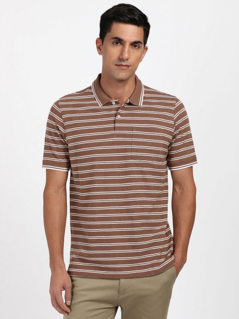 Peter England Men Striped Polo Collar Pure Cotton T-shirt