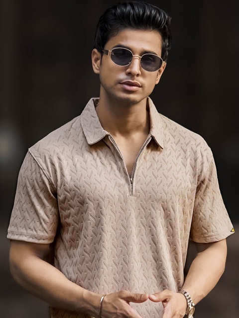 Maniac Men Self Design Polo Collar Cotton T-shirt