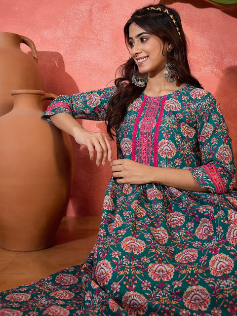 Sangria Women Floral Printed Daily Pure Cotton Anarkali Kurta