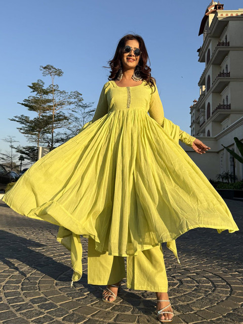 Growdamy Women Anarkali Pure Cotton Kurta with Trousers & With Dupatta