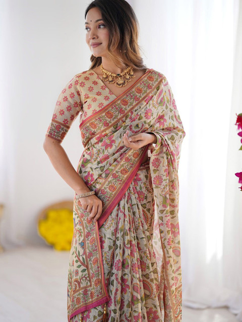 ALMAARI FASHION Women Floral Printed Pure Cotton Jamdani Saree
