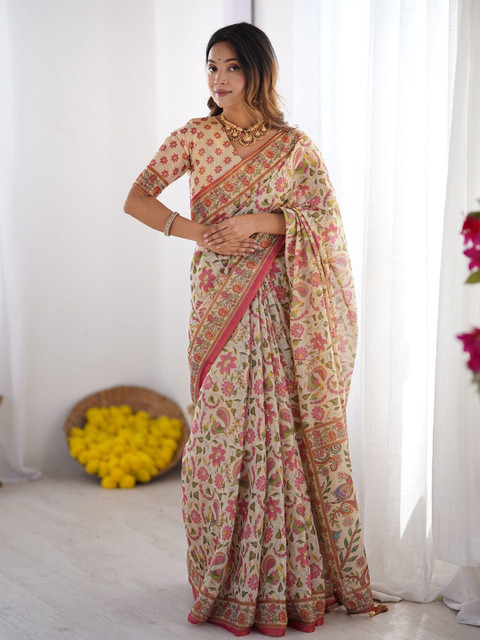 ALMAARI FASHION Women Floral Printed Pure Cotton Jamdani Saree - Image 2