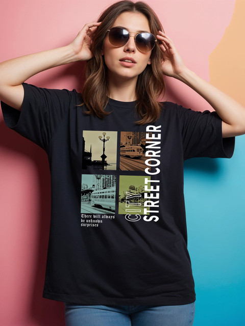 SMARTEES Graphic Printed Round Neck Drop-Shoulder Sleeves Cotton Oversized T-shirt