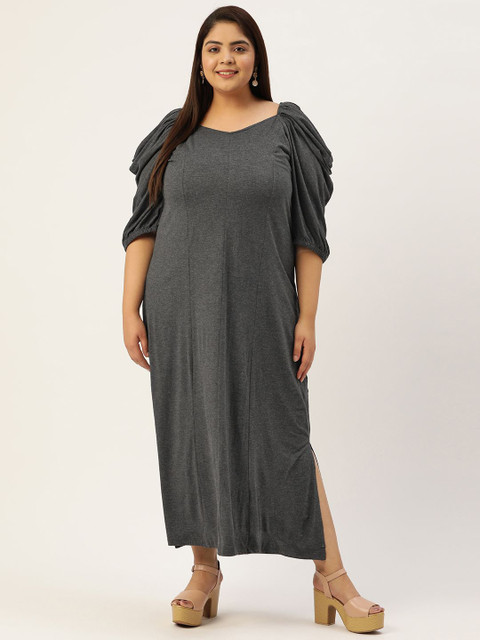 theRebelinme Women Plus Size Puff Sleeve A-Line Midi Dress with Slits Details