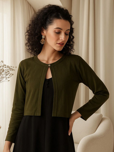 Style Quotient Round Neck Cotton Crop Button Shrug