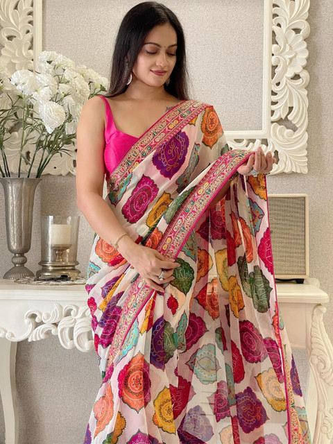 HERE&NOW Bandhani Printed Embroidered Bandhani Saree