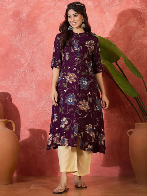 Sangria Floral Printed Screen Print Mandarin Collar A-Line Kurta