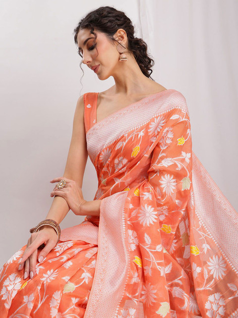Janasya Women's Peach Silk Blend Floral Woven Design Jacquard Saree with Blouse Piece