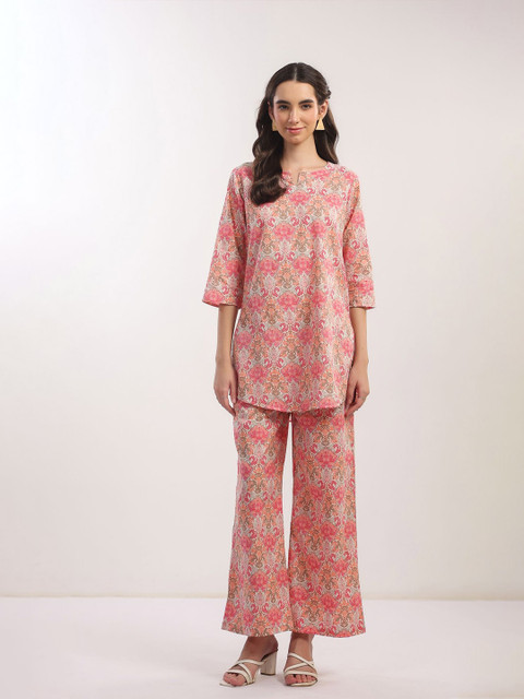 JISORA Printed Round Neck Cotton Top With Trousers Co-Ords