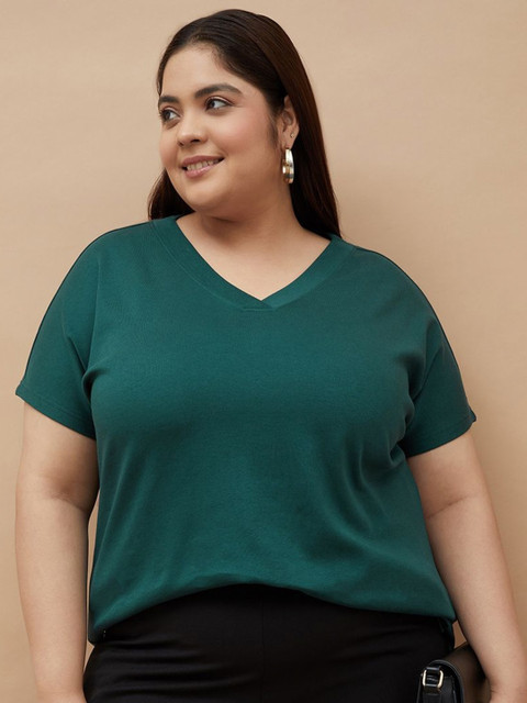 Nexus by Lifestyle Green V-Neck Regular Fit Plus Size Cotton T-shirt