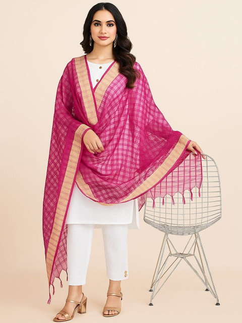 House of Pataudi Checked Banarasi Tasseled Dupatta
