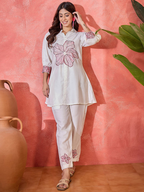 Sangria Embroidered Shirt Collar Neck Tunic With Trousers Co-Ords - Image 6