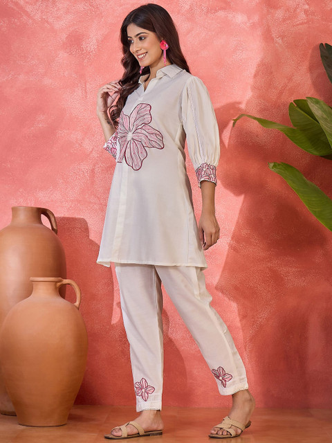 Sangria Embroidered Shirt Collar Neck Tunic With Trousers Co-Ords - Image 4