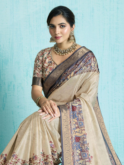 PBS PRINTS Floral Printed Zari Tussar Silk Saree With Blouse Piece