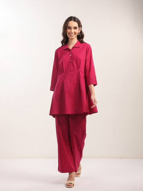 JISORA Printed Shirt Collar Neck Cotton Top With Trousers Co-Ords