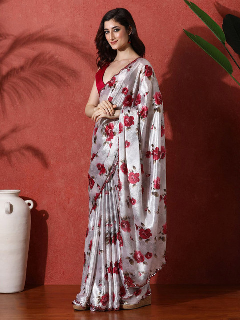 Sangria Embellished Satin Floral Digital Printed Saree - Image 2