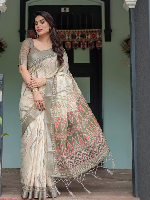ZIRVI Ethnic Motifs Linen Blend Tussar Saree
