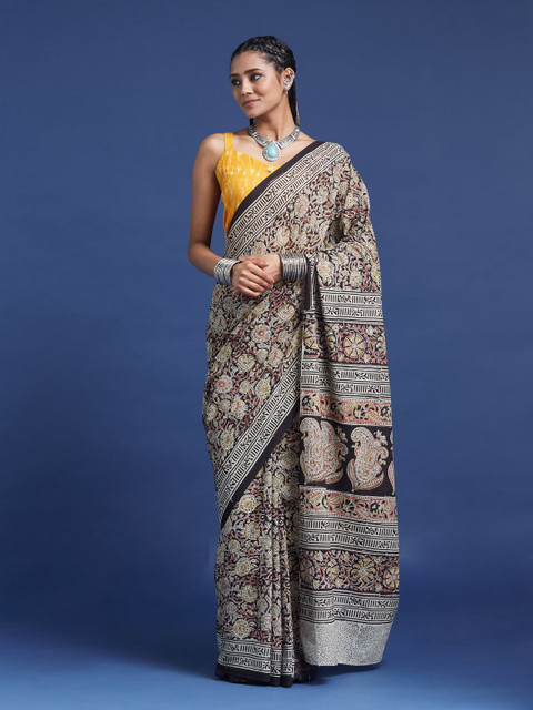Taavi Women Hand Block Printed Kalamkari Saree With Geometric Borders & Classic Motifs - Image 5