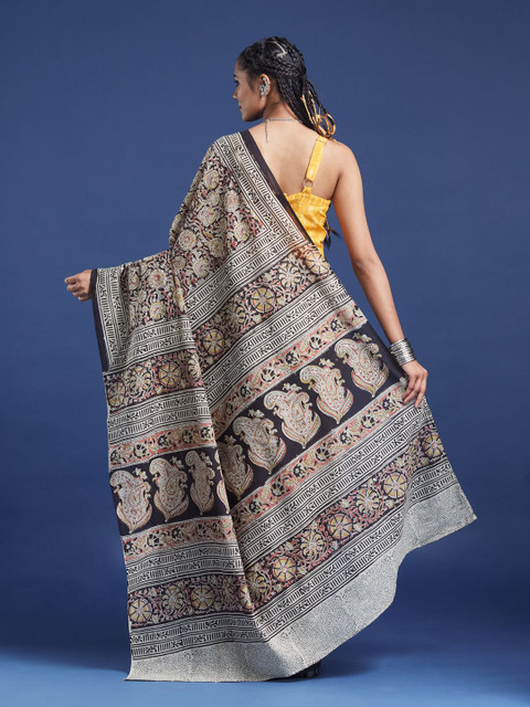 Taavi Women Hand Block Printed Kalamkari Saree With Geometric Borders & Classic Motifs - Image 3