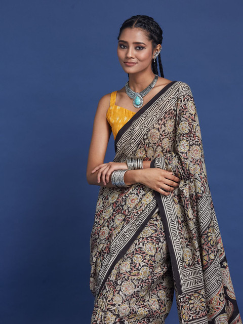Taavi Women Hand Block Printed Kalamkari Saree With Geometric Borders & Classic Motifs