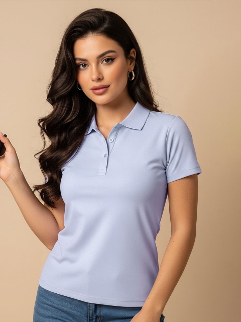 JUNEBERRY Women Solid Polo Collar Cotton T-shirt - Image 2