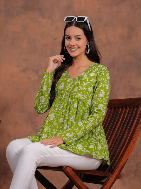 KALAMIR Women Floral Print Twisted Pure Cotton Top