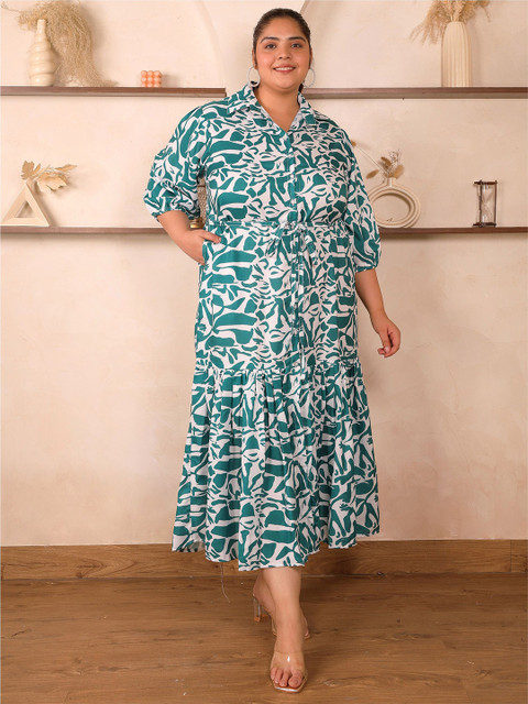 Indietoga Women Plus Size Abstract Printed Tiered Shirt Dress