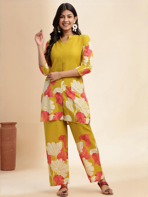 KALINI Floral Printed Mandarin Collar Cotton Tunic & Trousers - Image 3