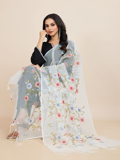 House of Pataudi Floral Embroidered Tasseled Dupatta