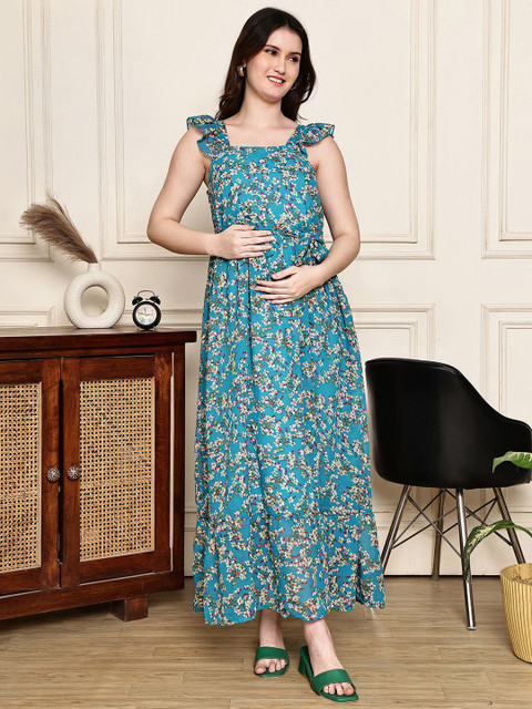 COLOR STUDIO Floral Print Shoulder Straps Maternity Fit & Flare Maxi Dress