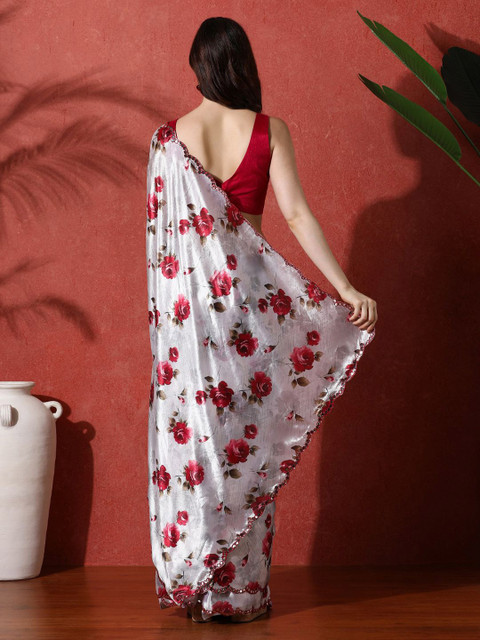 Sangria Embellished Satin Floral Digital Printed Saree - Image 3