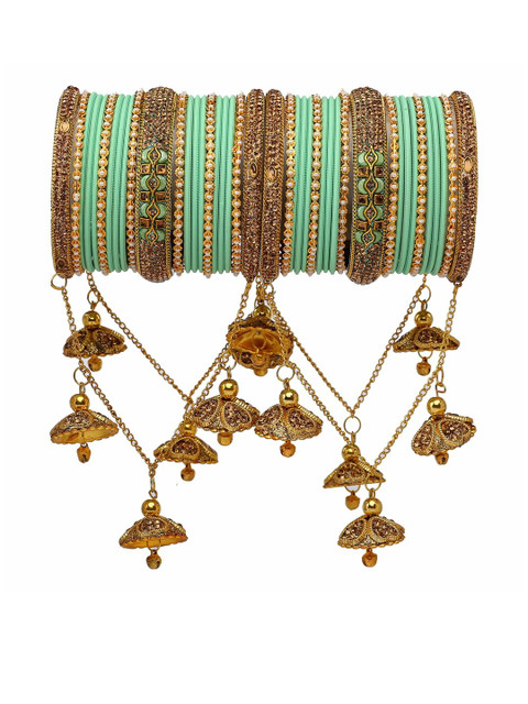 GLIKA Set of 42 Green Velvet Bridal Glossy Finish Latkan Bangles