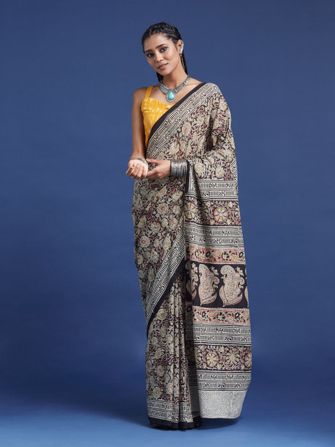 Taavi Women Hand Block Printed Kalamkari Saree With Geometric Borders & Classic Motifs - Image 2