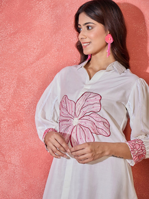 Sangria Embroidered Shirt Collar Neck Tunic With Trousers Co-Ords - Image 2