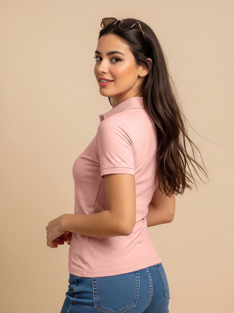JUNEBERRY Women Solid Polo Collar Cotton T-shirt - Image 7