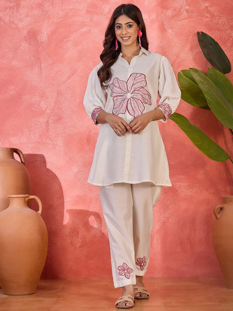Sangria Embroidered Shirt Collar Neck Tunic With Trousers Co-Ords