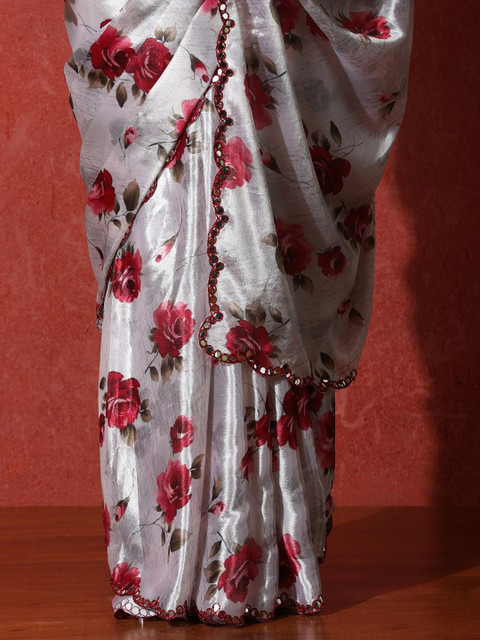 Sangria Embellished Satin Floral Digital Printed Saree - Image 5